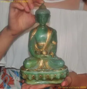 9" Tibet Natural Old green Jade Gilt sakyamuni Shakyamuni Medicine Buddha statue - Picture 1 of 8