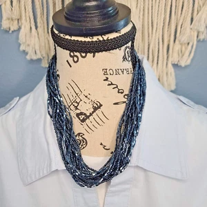 Layered Metallic Steel Blue Shimmering Seed Bead Necklace, 18" - Picture 1 of 12
