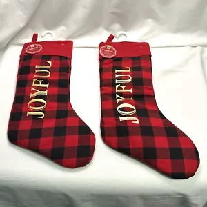 2 rot schwarz Büffel Karo Karo Weihnachtsstrumpf mit Wort Joyful Paar 18" groß - Bild 1 von 14