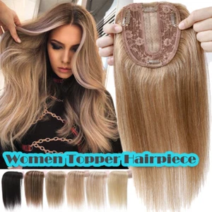 Clip in Top Wig REAL Human Hair Topper Toupee Piece Silk Base Women Hairpiece US - Picture 1 of 155