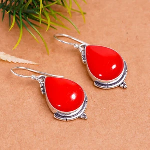Red Coral Gemstone 925 Sterling Silver Jewelry Earring, Handmade Earring - Picture 1 of 4