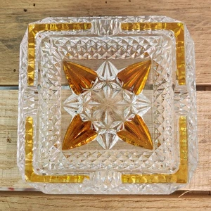 Vintage Square Clear & Amber 8 Point Star Crystal Glass Ashtray Heavy - Picture 1 of 9