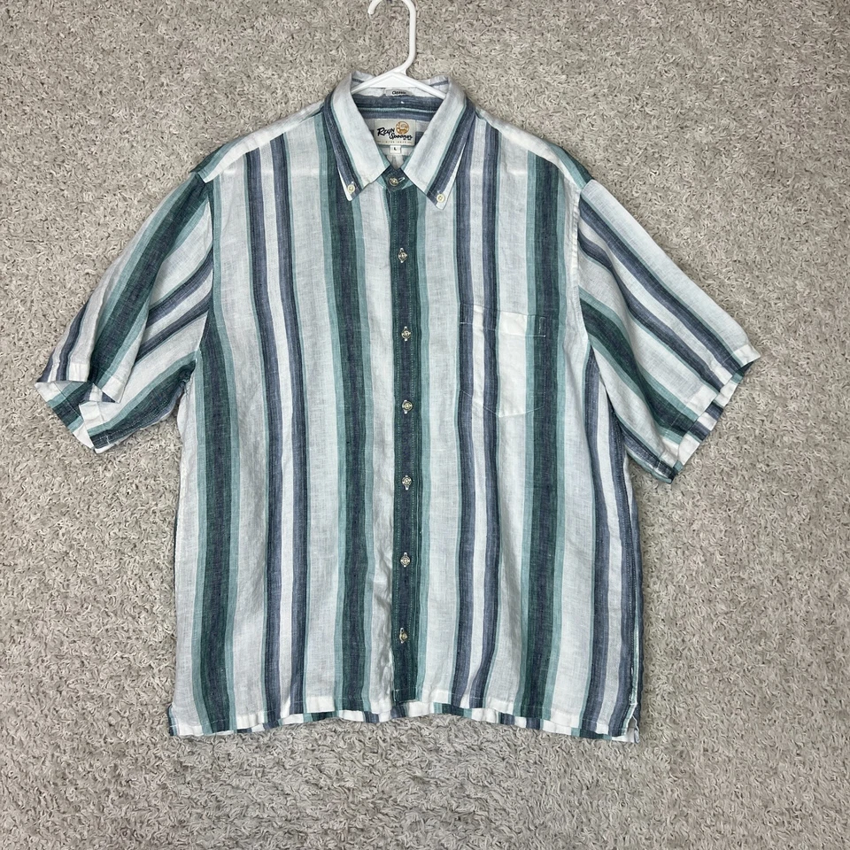 Reyn Spooner Shirt Mens Large White Blue Classic Fit Linen Button Down Striped - Image 1 of 4