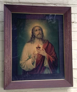 Antique Catholic Sacred Heart of Jesus Picture Large Oak Frame 24''X 28'' Gift - Picture 1 of 8