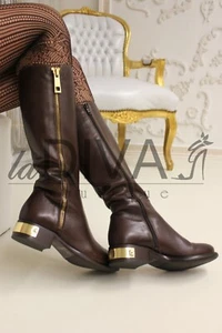 NAPOLEONI ~ Italy Leder Stiefel Boots 40 braun Deko Zipper gold %SALE% OVP 239€ - Picture 1 of 2
