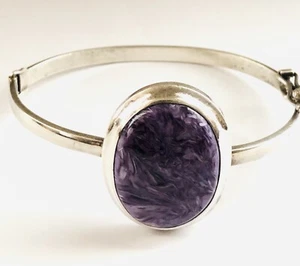 Signed 925 Sterling Silver BIG Purple Stone Hinged Cuff Bracelet - Picture 1 of 9