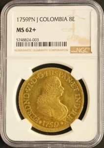Antique Coin Colombia 1759 PN J Fernando VI Popayan 8 Escudo Gold Coin NGC MS62+ - Picture 1 of 2
