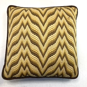 Vtg Brown Needlepoint Pillow Geometric Corduroy Back 12 X 12” 70”s - Picture 1 of 9