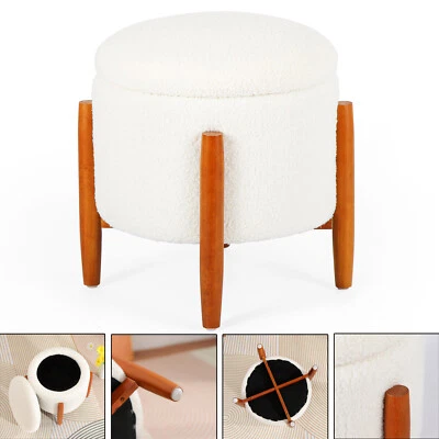 Modern Round Storage Ottoman Teddy Velvet Footrest Upholstered Footstool White - Image 1 of 4