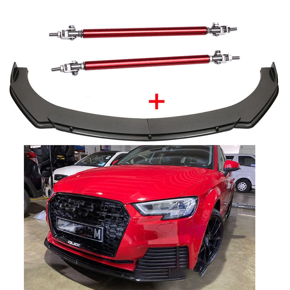 Carbon Fiber Front Bumper Lip Spoiler Splitter Strut Rods For Audi A3 2000-2023 - Изображение 1 из 4