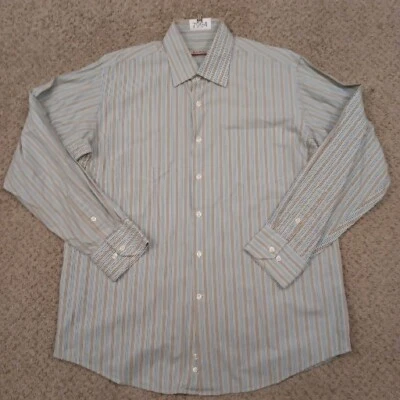 Barry Bricken Shirt Mens XL Beige Blue Striped Long Sleeve Button Up Cotton - Image 1 of 4
