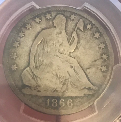 1866-s No motto Seated  Liberty Half dollar, pcgs vg8 ,scarce Cover
