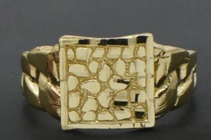 10K Real Yellow Solid Gold Diamond Cut Mens Nugget cuban Ring 11.7mm 2.8 Gram - Picture 1 of 6