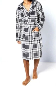 New Mens Super Soft Fleece Hooded Check Dressing Gown Robe Grey Size XL - Picture 1 of 2