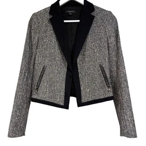 Ann Taylor Cropped Black White Heathered Tweed Open Blazer Jacket Women's Size 6 - Picture 1 of 12