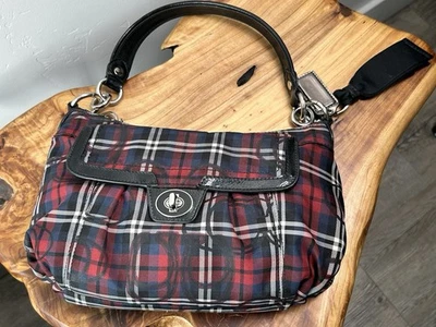Coach Poppy Plaid Convertible Shoulder Crossbody Bag 18715 Red Navy Tartan - Image 1 of 4