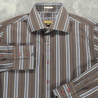 Roar Button Shirt Mens M Brown Blue Stripe Woven Textured Western Casual - Image 1 of 4