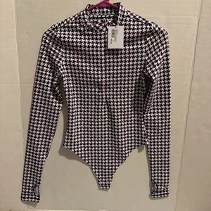 Bandier Womens Long Sleeve 1/2 Zip Houndstooth Print Bodysuit White Multi XS NWT - Picture 1 of 8