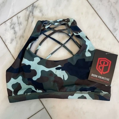 NUEVO CON ETIQUETAS Born Primitive XS Azul Verde Marrón Camuflaje Tiras Sujetador Deportivo Gimnasio Entrenamiento Yoga Foto 1 de 4