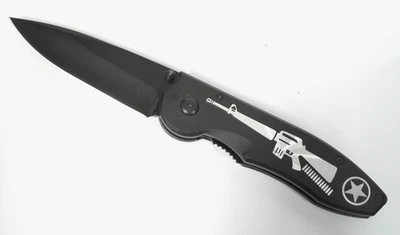 New Black Folding Blade Pocket Knife with Rifle Image and Star ---9 1/4 inch - Image 1 of 4