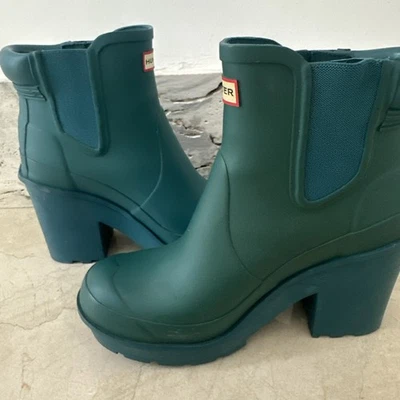 Hunter Block Heel' Chelsea Bota de Lluvia Azul Teal Verde EE. UU. 6 Foto 1 de 4