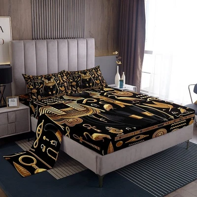 Black Cat Bed Sheets Set Gold Egyptian Print Full Sheet Set Abstract Gold Egy... - Image 1 of 4
