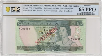 Solomon Islands 1979 2 Dollars Specimen PCGS Banknote UNC 65 PPQ Pick CS1 - Image 1 of 2