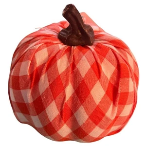 Calabaza pequeña cubierta de tela escocesa naranja y blanca PUMPKIN 4,5” de alto 5” de ancho - Imagen 1 de 3
