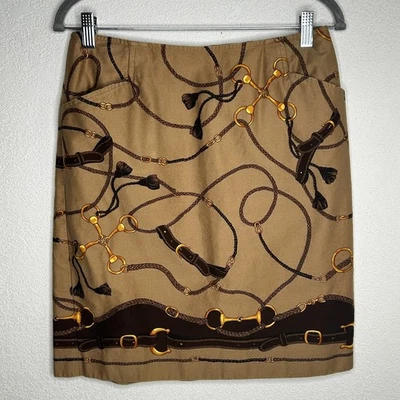 Talbots Petites Skirt Womens 10P Tan Equestrian Horse Bit Print Cotton Made USA - Image 1 of 4