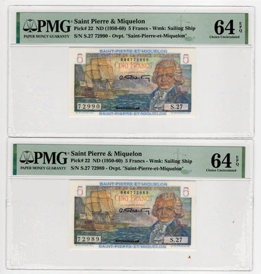 San Pedro y Miquelón 1954 5 francos pmg 64 epq par consecutivo #1113-33 Foto 1 de 2