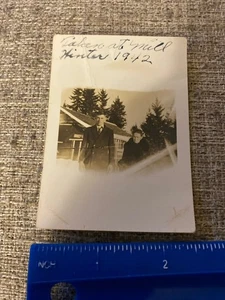 1940's Photo Taken At Mill Winter 1942 Cold Weather Young Man & Old Woman Pose - Picture 1 of 3