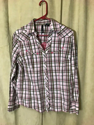 Womens Cruel Girl Western Blouse L Pink Plaid Smiley Pockets L/S Cot Embroidered - Image 1 of 4