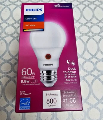 PHILIPS SENSOR LED 8.8W A19 BULB SOFT WHITE 8.8A19/PER/927/FR/P/E26/D2D/T20 - Image 1 of 4