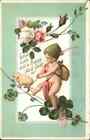 Carte postale vintage fantastique Nouvel An petit garçon fée avec cochon chanceux c1910
