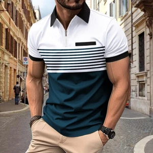 2024 Summer New Men's Printed Stripe Polo Short Sleeve T Shirt Men - Picture 1 of 21