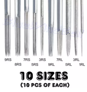 100 pezzi aghi per tatuaggio sterili monouso mix misura 1 3 5 7 9RL, 5 7 9RS, 7,9M1 - Foto 1 di 3