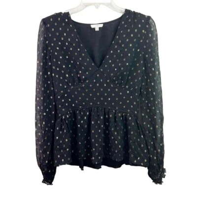 Blusa A loves A Negra Dorada Polkadot Seda Transparente Cuello en V Talla Mediana Foto 1 de 4