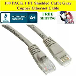 Paquete de 100 PAQUETES DE 1 ft Cat5e gris blindado cable de conexión Ethernet RJ45 dorado conectores 24AWG - Imagen 1 de 4