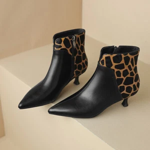 Womens Chic Leather Horse Hair Pointy Toe  Mid Heel Bootie Ankle Boots Shoes  - Picture 1 of 14