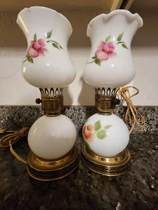 Pair (Two) Vintage Hurricane Lamps 11" Rose Pattern Hand Painted - Picture 1 of 8