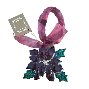 Vintage Brass Poinsettia Ornament Hand Enameled Fashion 5" Christmas Purple MCM - Picture 1 of 8