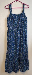 LOFT Maxi Vestido Fruncido Volantes Azul Floral Mezcla Algodón Sin Mangas SM Petite - Imagen 1 de 5