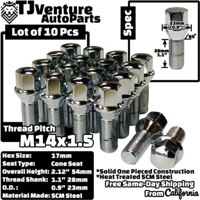 10 piezas cromo M14x1.5 17 mm hexagonal rueda perno 28 mm vástago apto para Volvo NSX QX30 y más Foto 1 de 3