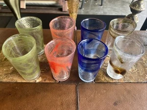 Set Of 8 Glass Hand Blown Blue Red Green Brown Swirls Glasses Tumblers - Picture 1 of 3