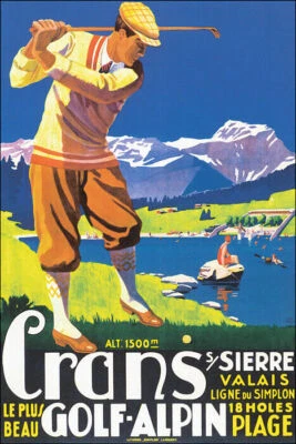 CRANS SUR SIERRE CLUB GOLF ALPIN SWIM SWITZERLAND TRAVEL VINTAGE POSTER REPRO - Image 1 of 3
