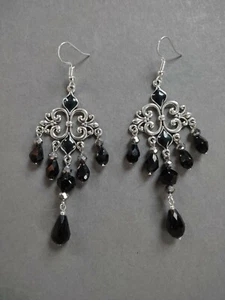 Earrings Handmade Chandelier Black & Silver Crystal Drop Dangle - Picture 1 of 1