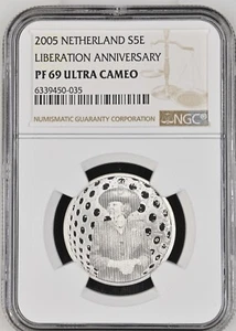 2005 NETHERLANDS SILVER 5 EUROS LIBERATION ANNIVERSARY -NGC PF 69 UC - Top Pop - Picture 1 of 4