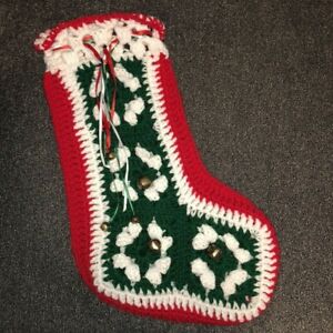 Vintage Hand Crocheted Granny Square Christmas Stocking Bells Red Green + White