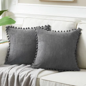 Dark Gray Decorative Throw Pillow Covers 18X18 Inch with Pom Poms, Boho Farmhous - Picture 1 of 12