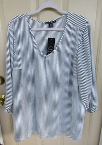 Como schwarzes Top Damen Plus 2X schwarz weiß gestreift 3/4 Arm Bluse - Bild 1 von 10